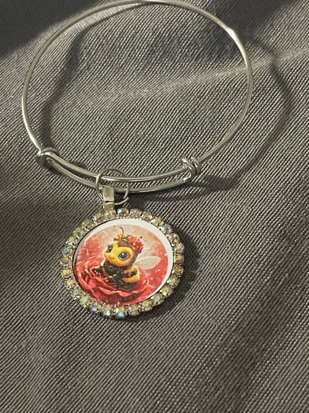 Silver Bee Charm Bangle Bracelet with Red Accent